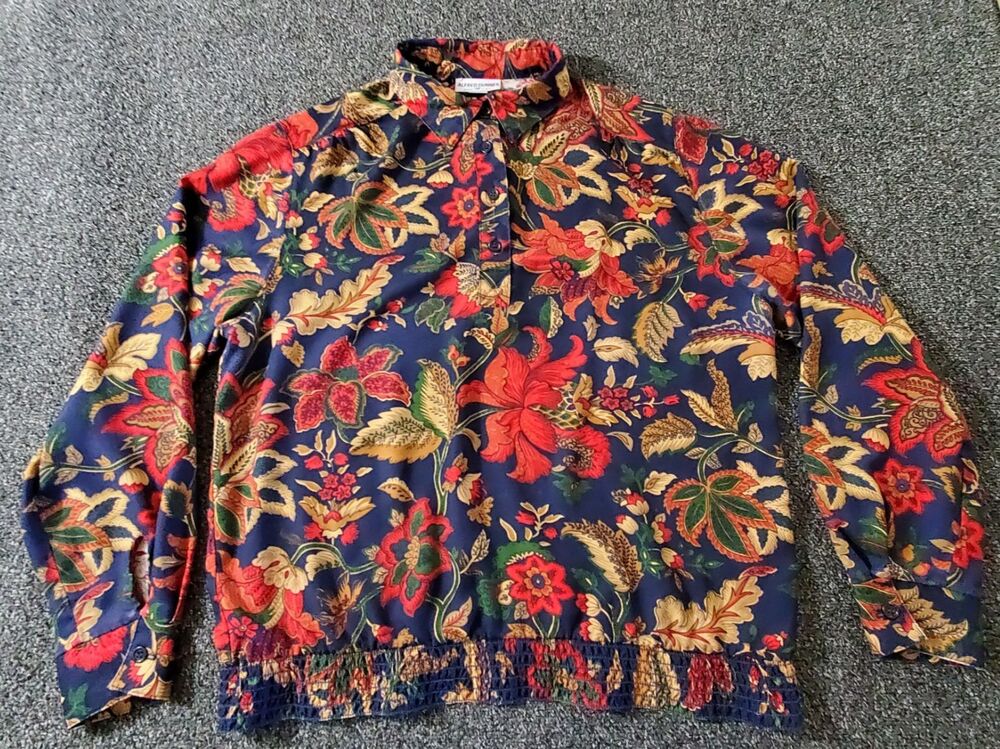 Vtg Alfred Dunner Blouse Women L Red Floral Sheer Elastic Waist Colorful Holiday